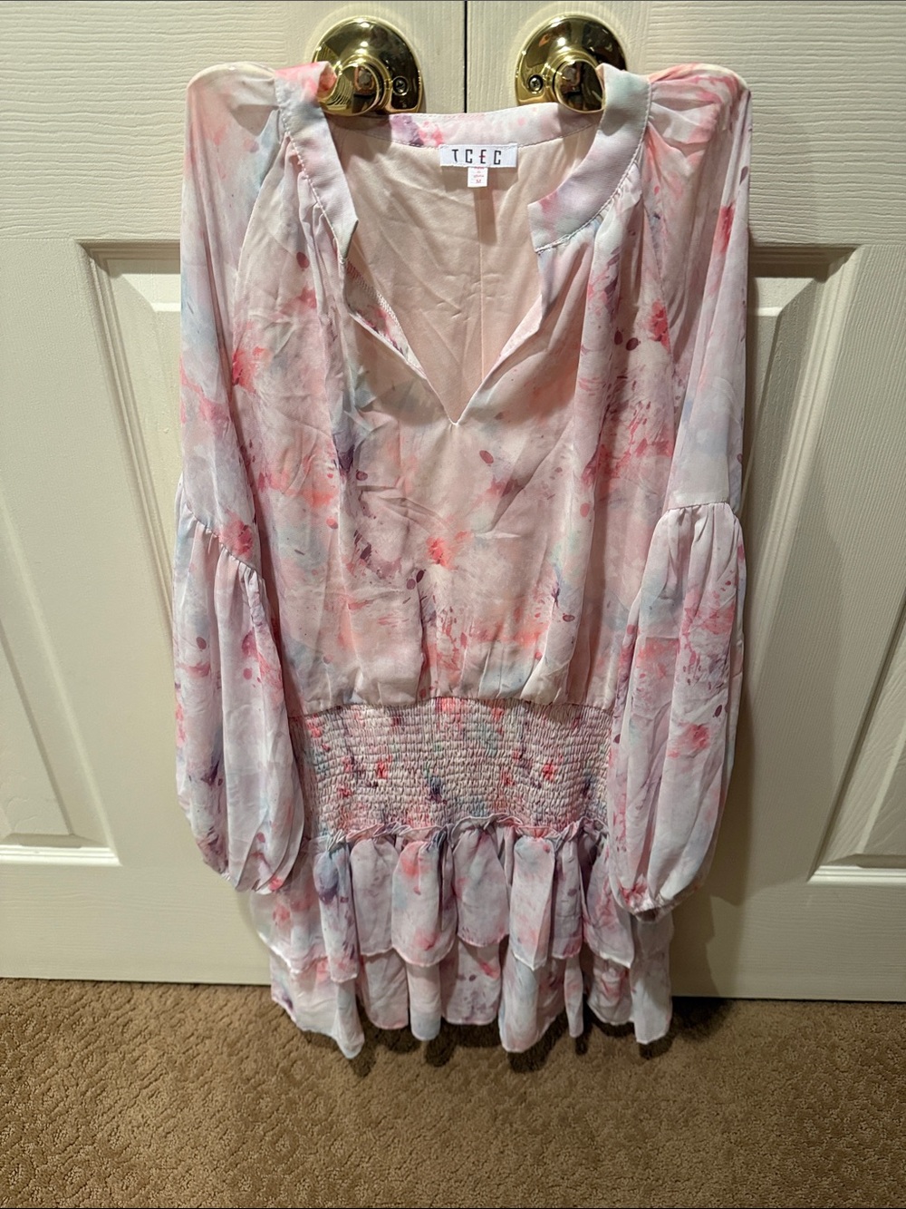 TCEC Pink & Light Blue Watercolor Smocked Waist Tunic